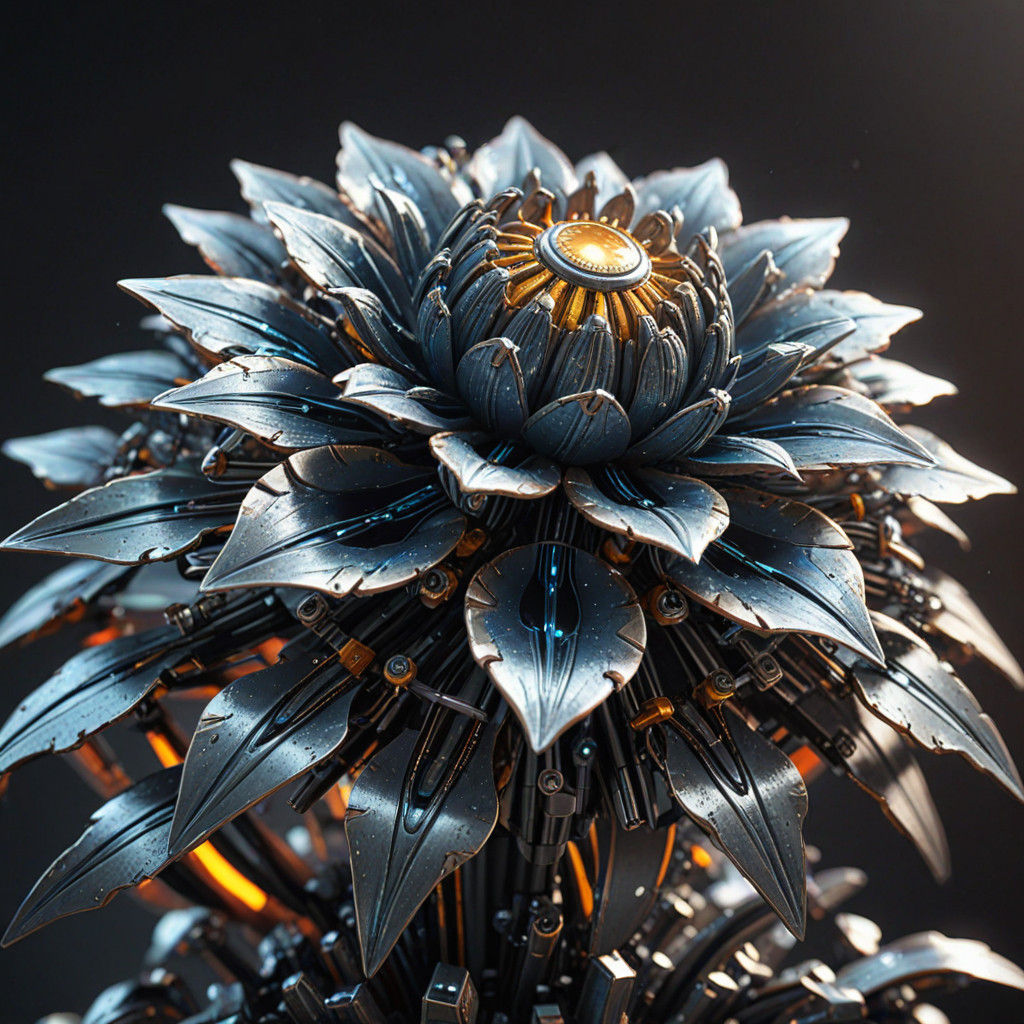 Cinematic Cybernetic Flowers in Metallic Bloom