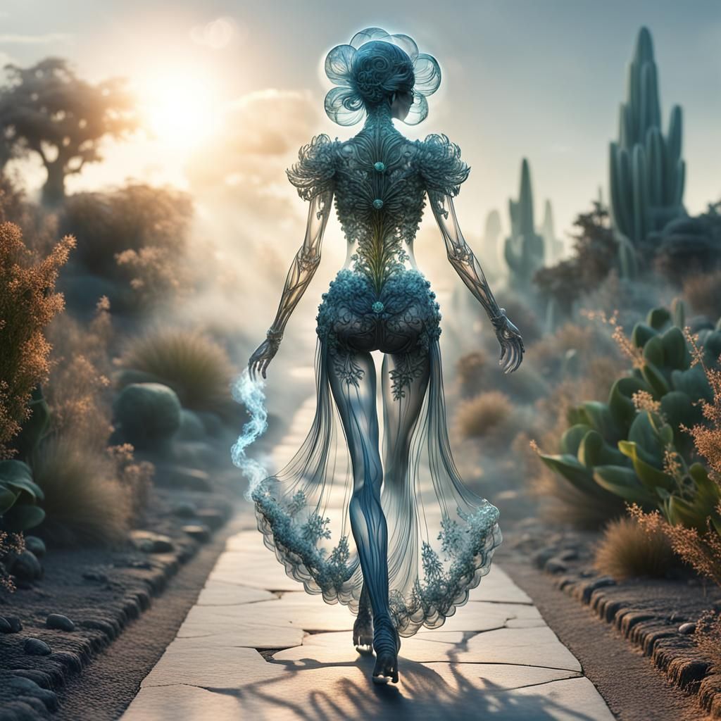 Crystal Smoke Woman in Sunrise Landscape: 3D Render