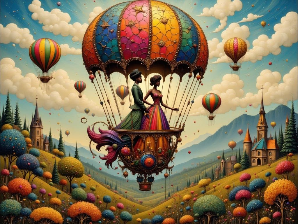 Elegant Couple Soar in Art Nouveau Hot Air Balloon Above Woo...