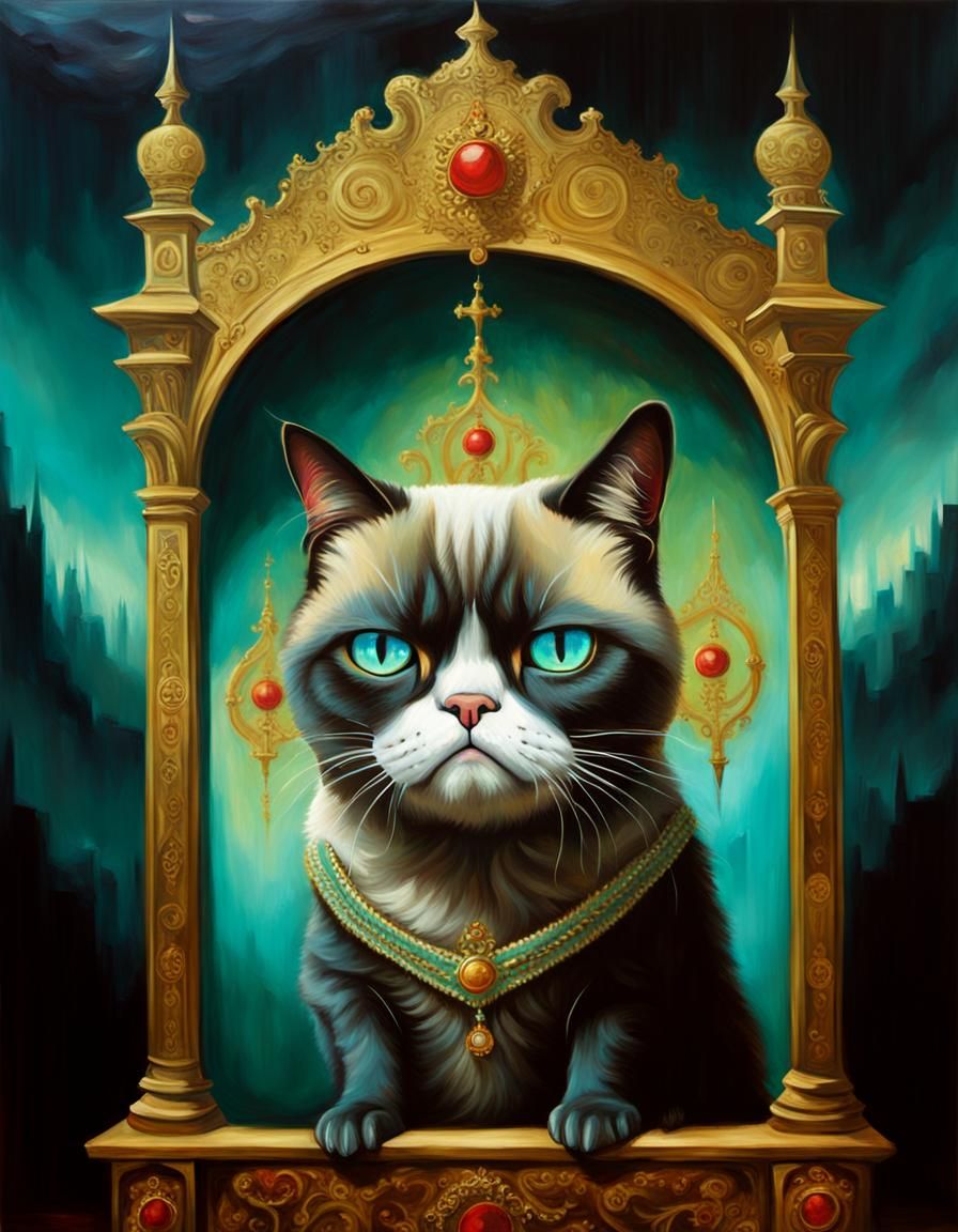 Grumpy Cat King Portrait on Ornate Throne