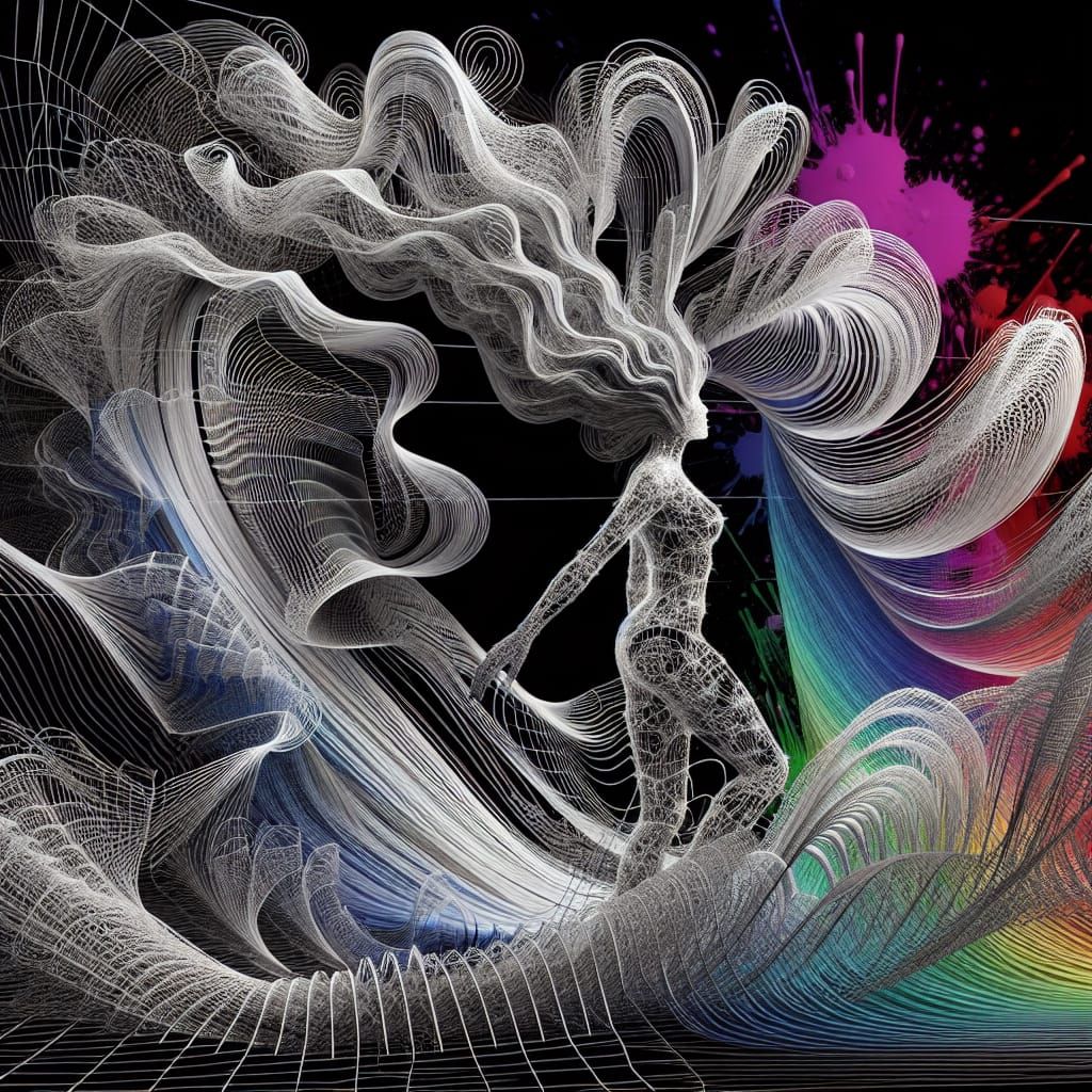 Intricate 3D Wireframe of Frequency Waveforms with Woman