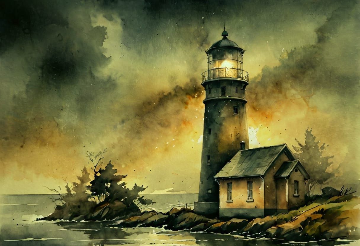 Coastal Lighthouse in Moody Watercolour Style