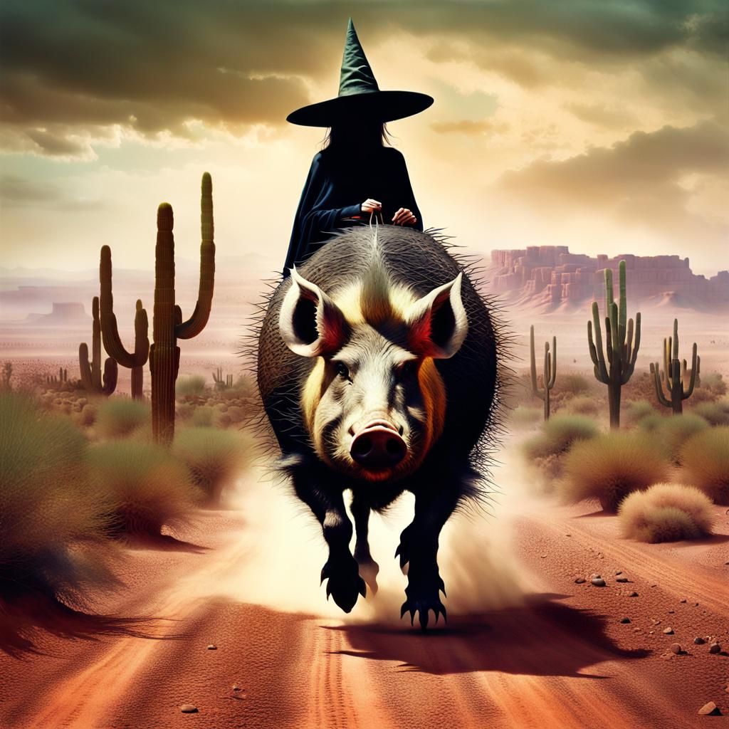 Desert Witch Rides a Wild Boar: Vintage Photograph