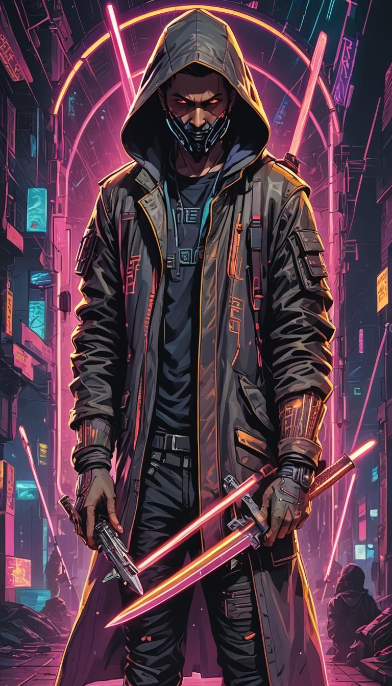 Seven of Swords Tarot in Cyberpunk 2099 Style