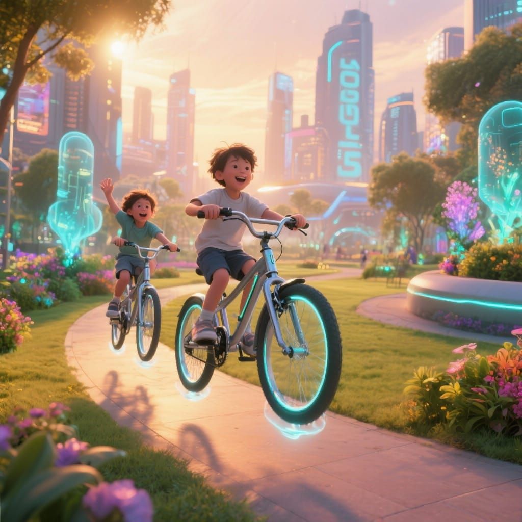 Children Float on Futuristic Bicycles in 2045 City Park
