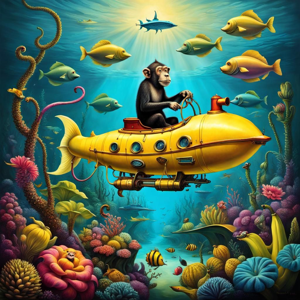 Psychedelic Monkey in Banana Submarine, Surreal Underwater A...