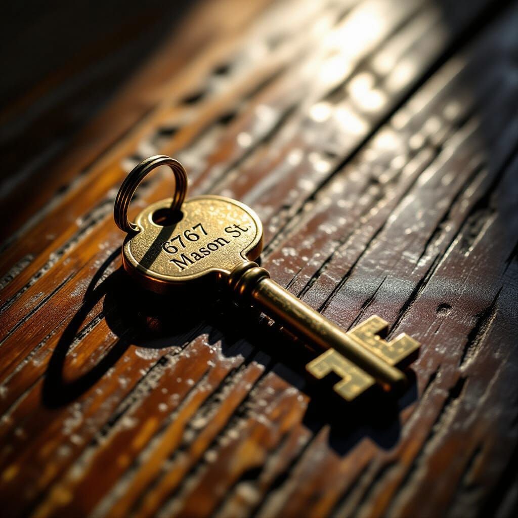 Vintage Brass Key with Fake Address, Photorealistic Style