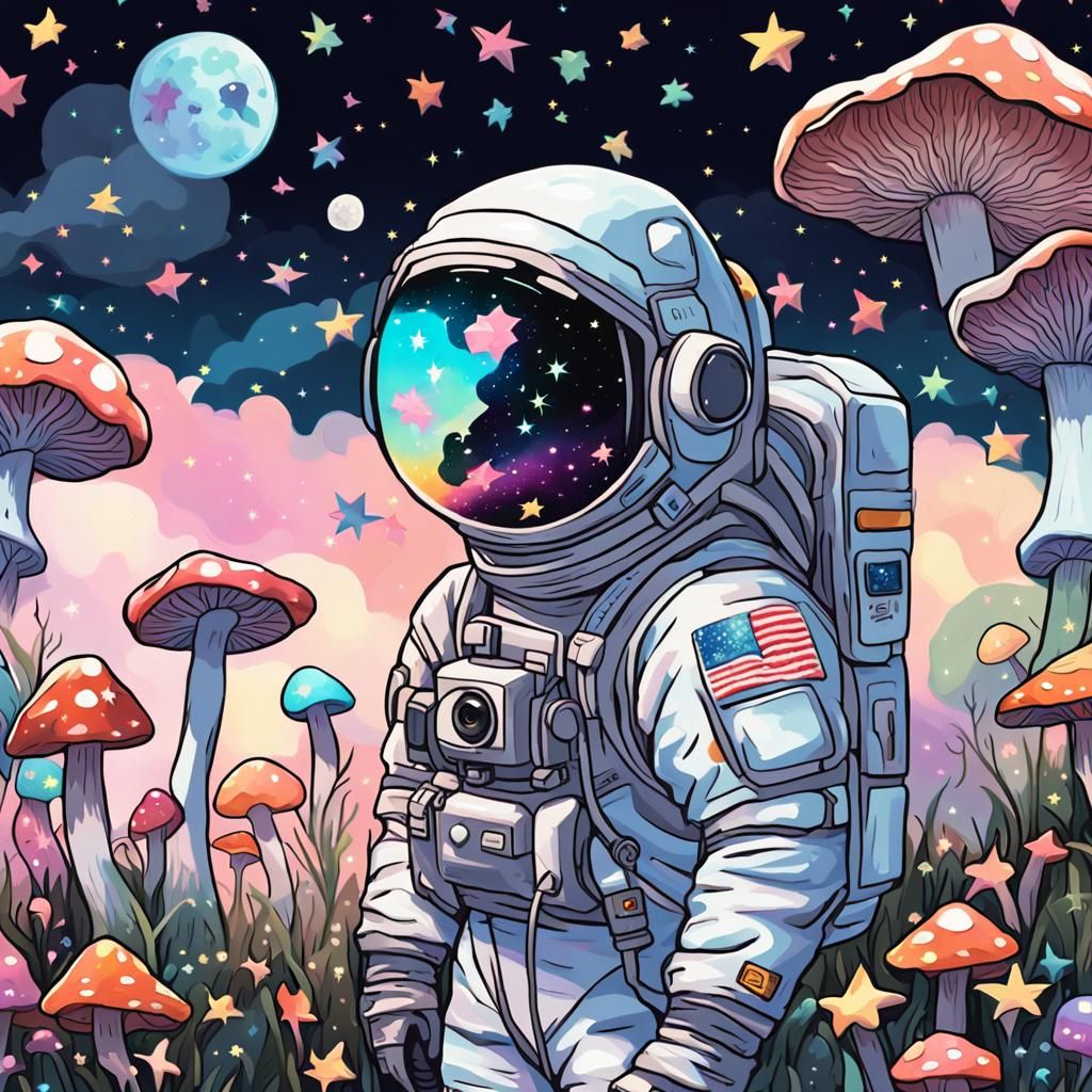 Astronaut in Cosmic Garden: Kawaii Style Digital Art