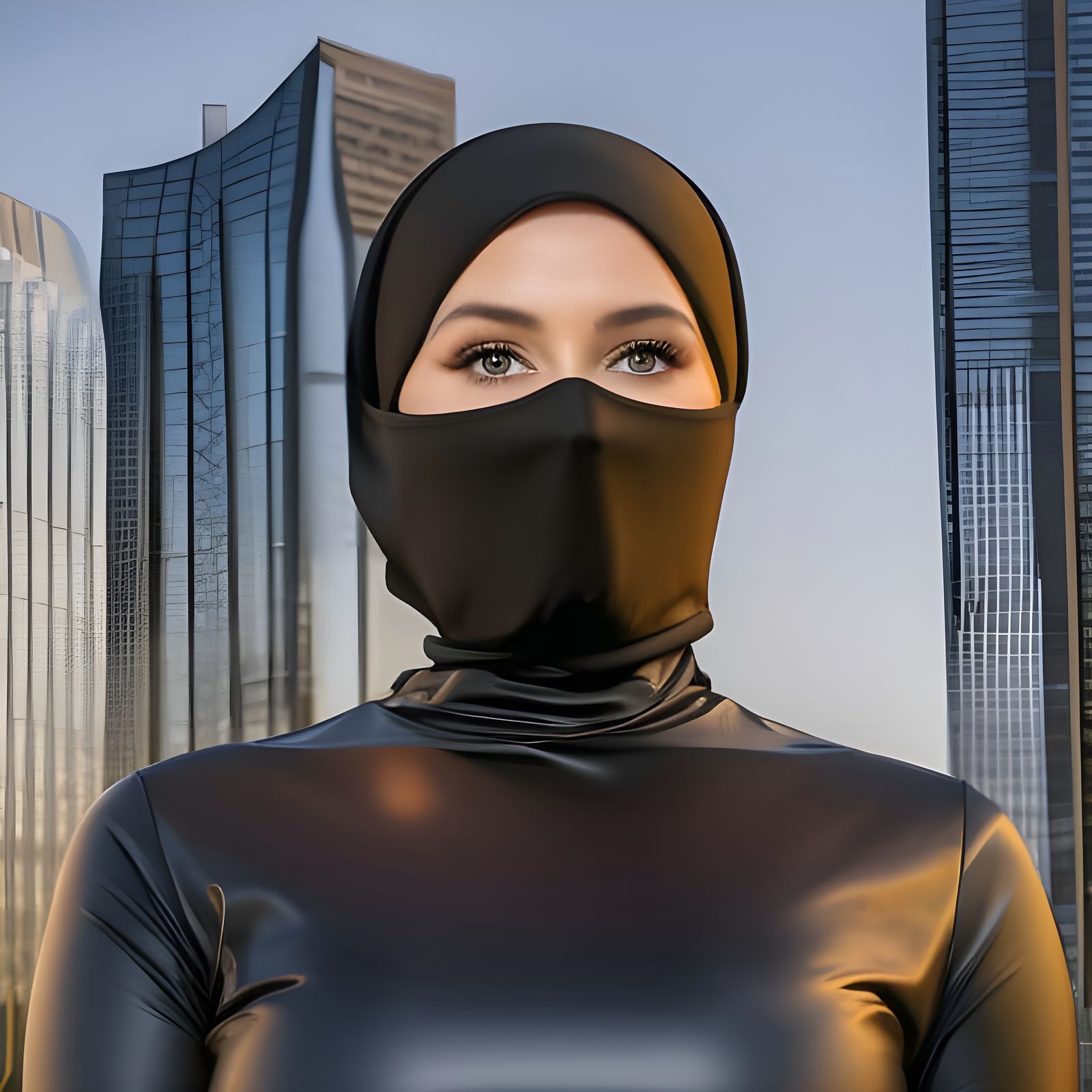 Woman in Satin Niqab and Latex Turtleneck