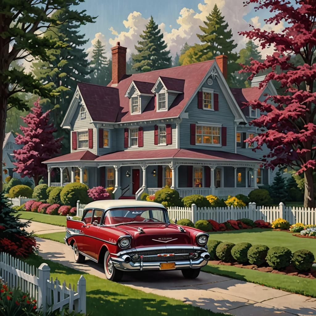 Cherry Red 1957 Chevy Nomad,, grey house with burgundy shutters and roof, picket fence, pine trees artistic illustration...