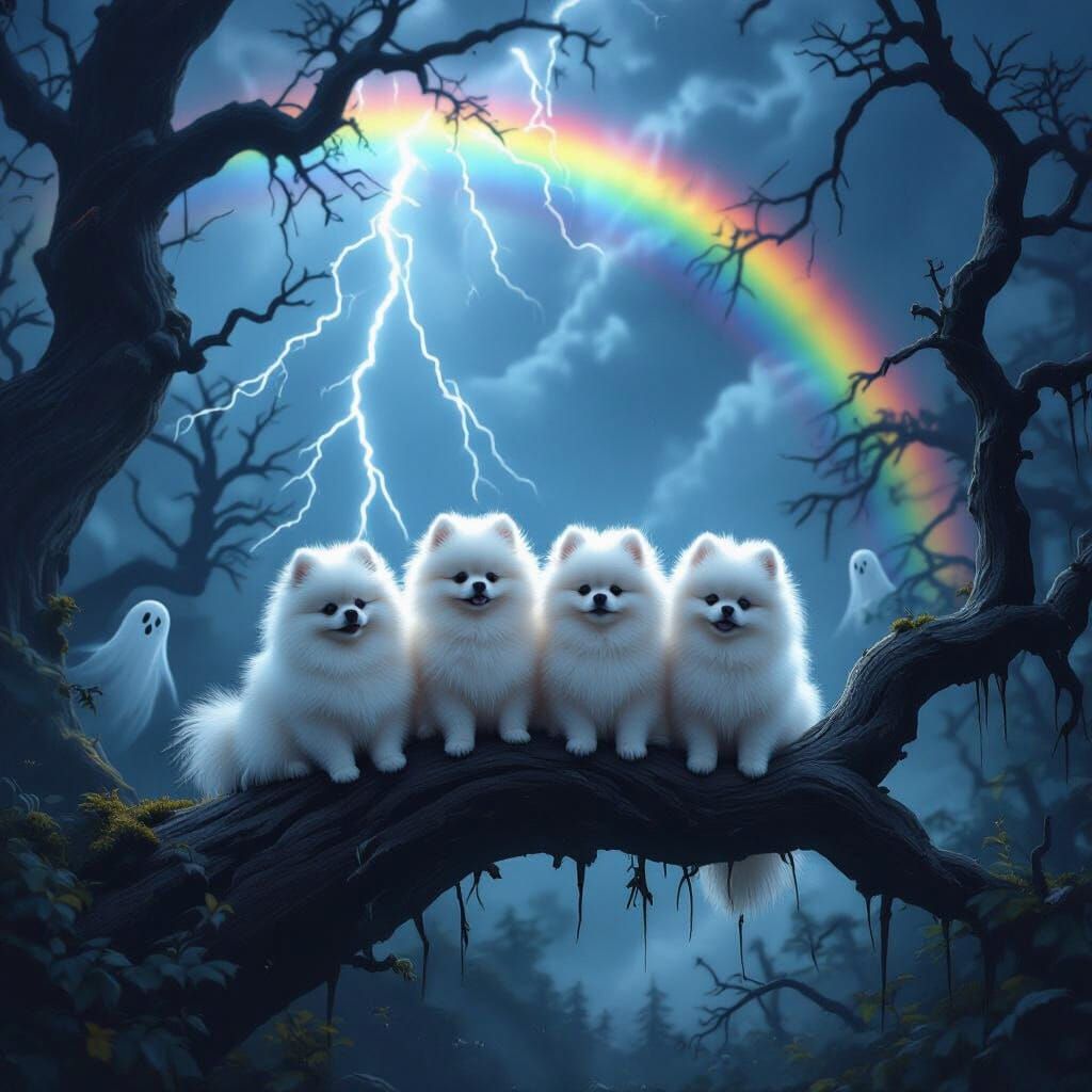 Pomeranians on Branch During Thunderstorm with Rainbow and G...