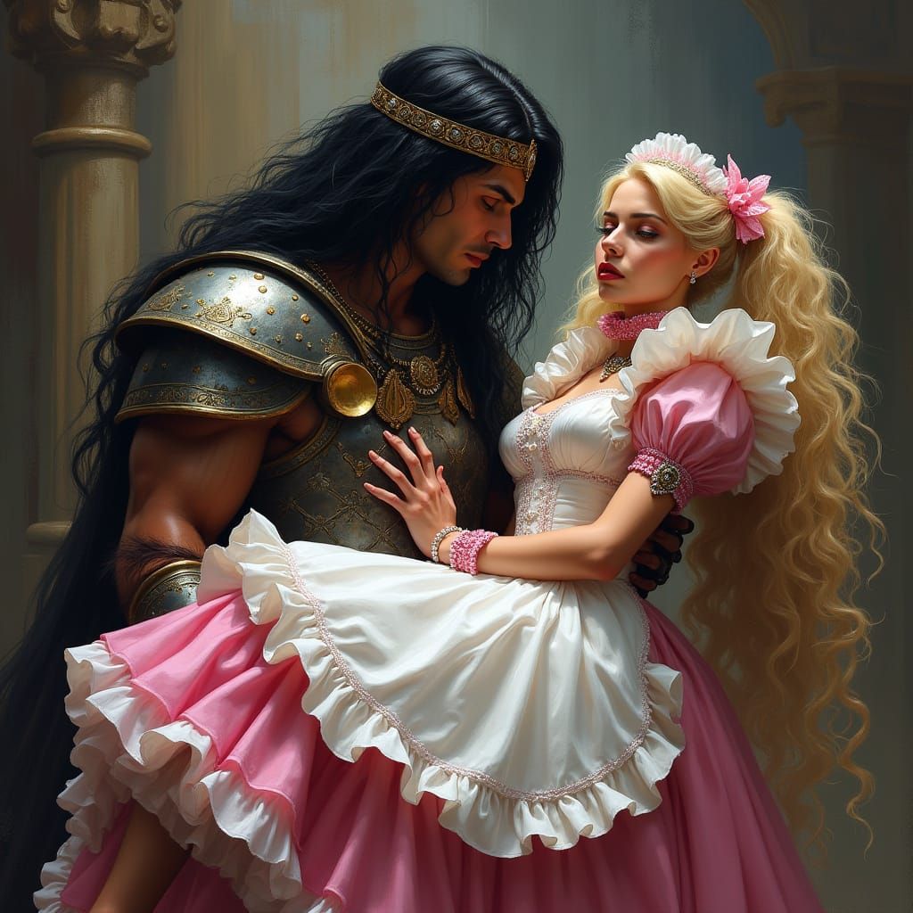 Regal Warrior Captures French Maid in Dark, Luxurious Scene