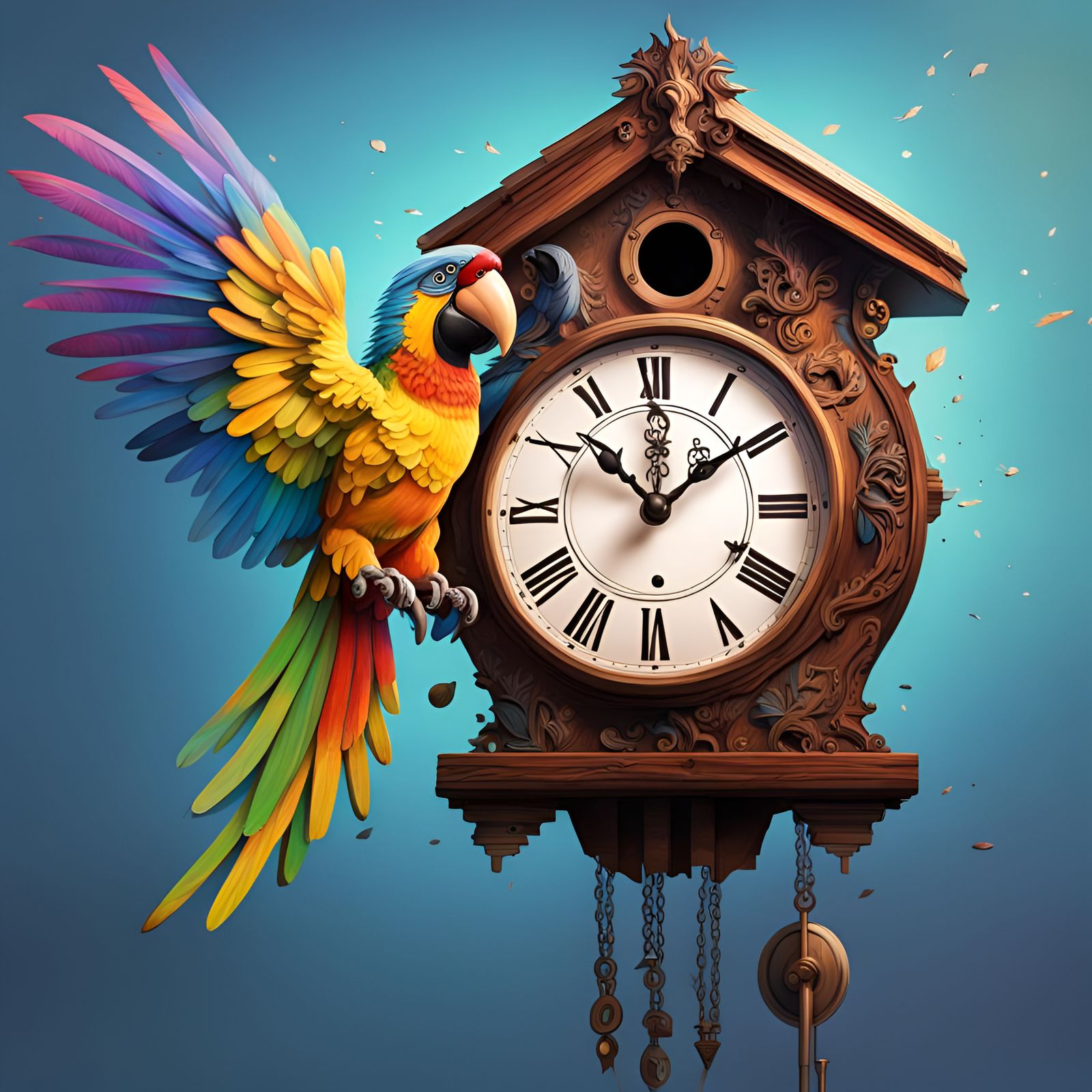 Hyperrealistic Cuckoo Clock with Parrot Splash Art