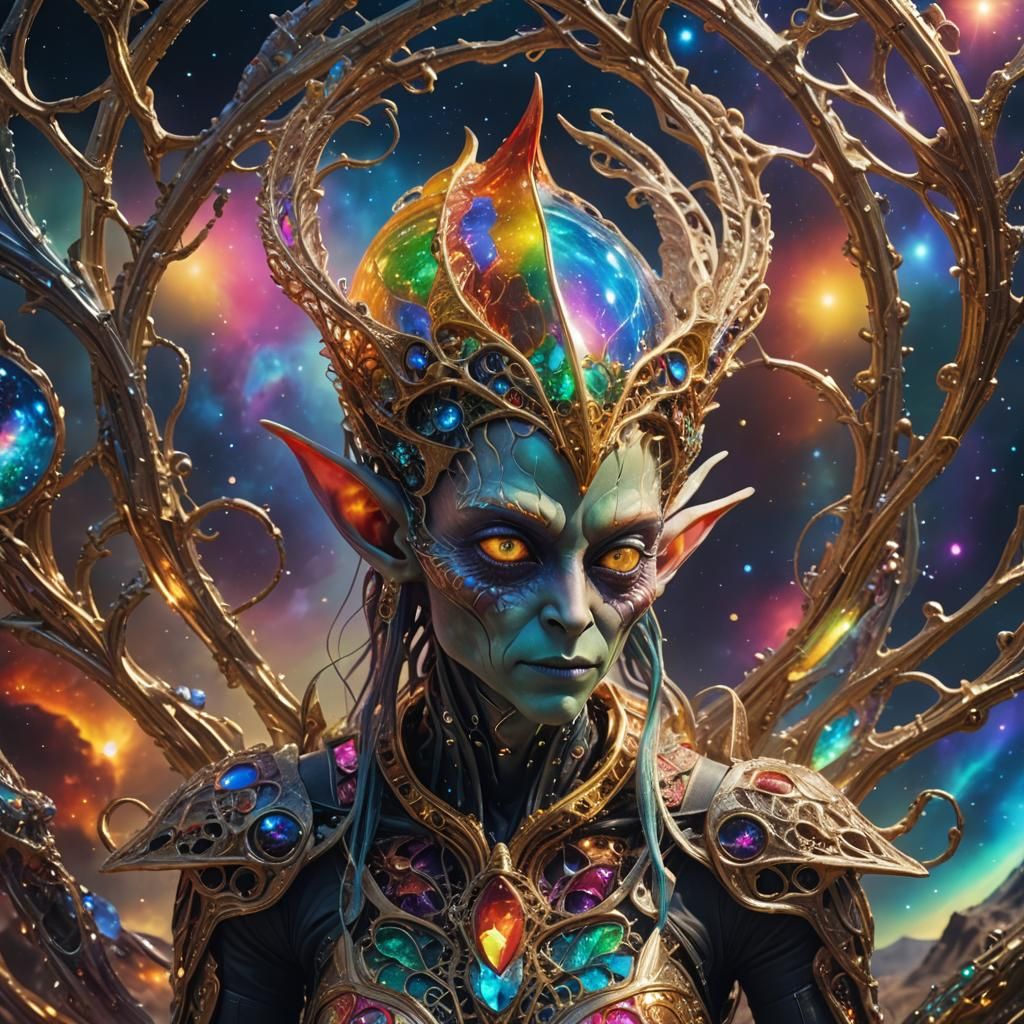 Rainbow Nebula Crystal Elf Alien: Hyperrealistic Render