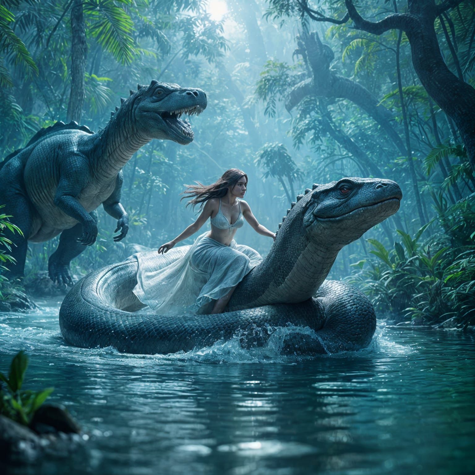 Girl Rides Anaconda, Dinosaur Chase: 3D Game Art