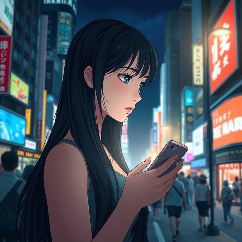 Young Woman Lost in Tokyo Night, Neon Lights Reflecting in H...