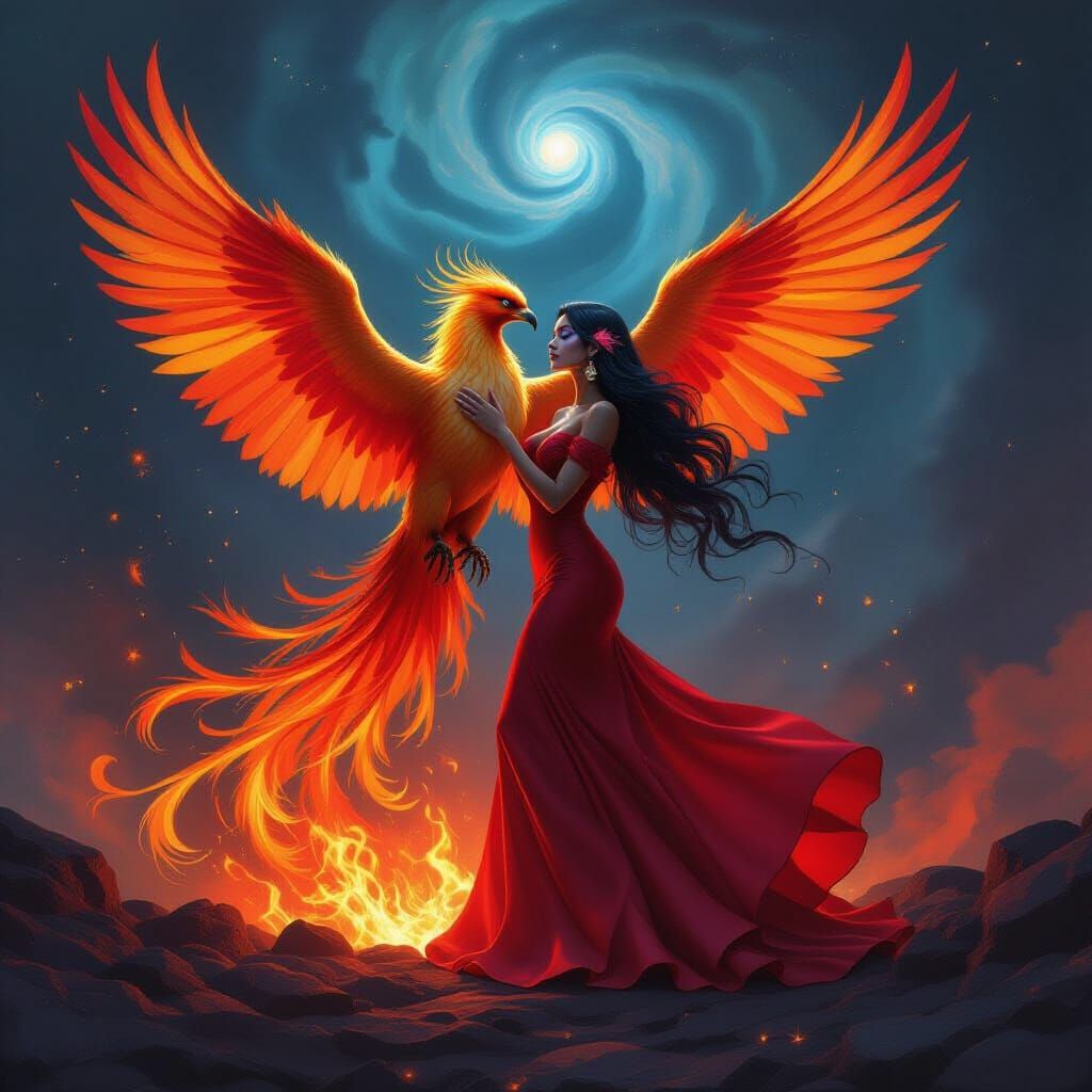 Phoenix and Fiery Fairy in Cosmic Vortex