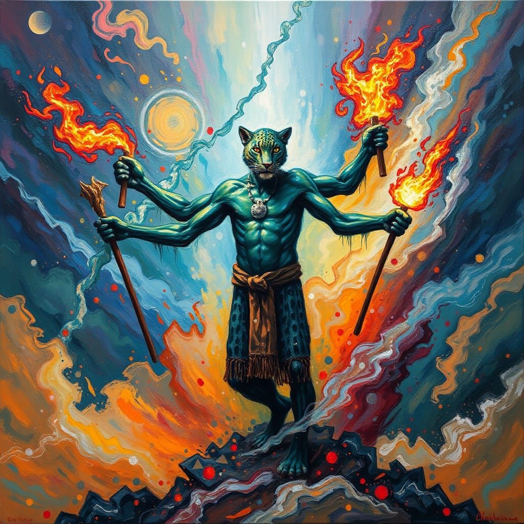 Leopard Shaman: Neo-Impressionist Oil Painting with Swirling...