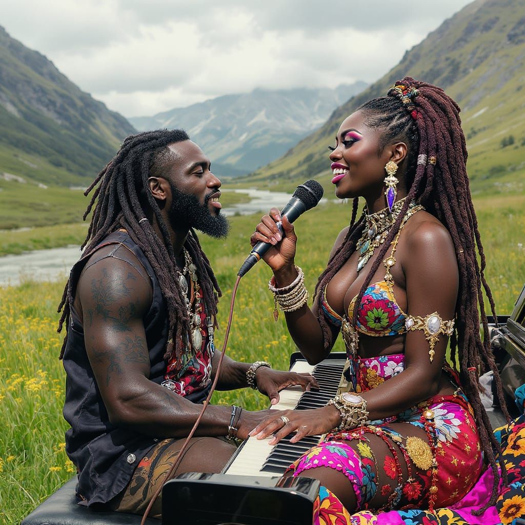 Hyperrealistic Black Couple in Vibrant Landscape