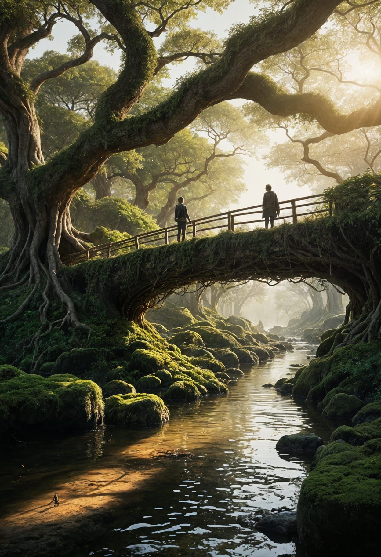 Vibrant concept art. Medium shot. People walking on a bridge...