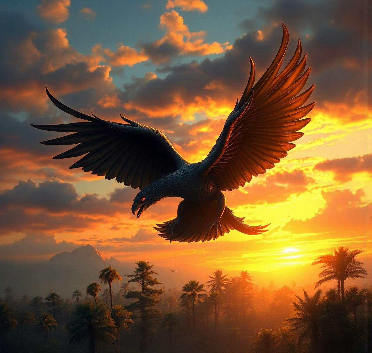 Griffin Soaring Above Ancient Forest, Matte Painting