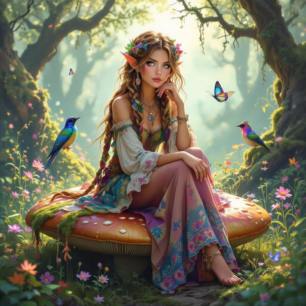 Boho Pixie Sits on Mushroom in Enchanted Forest