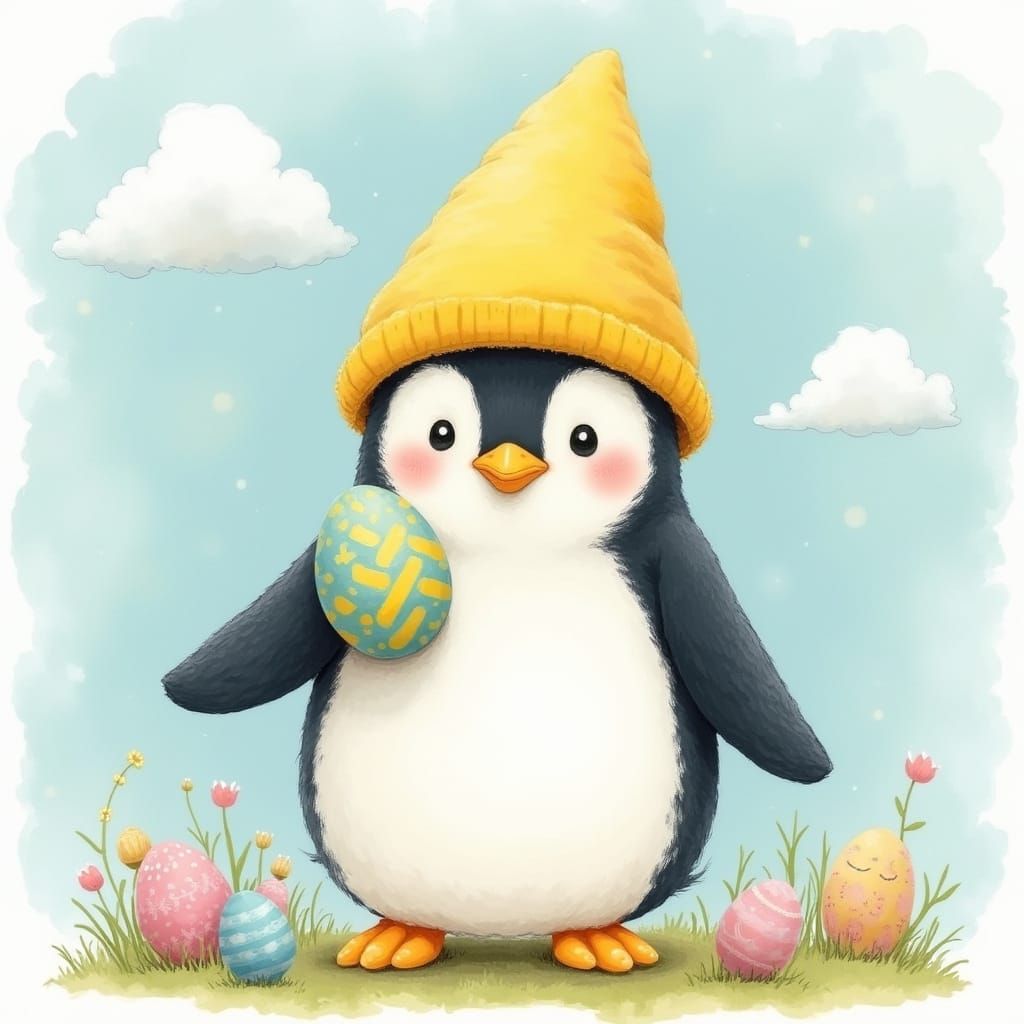 Easter Penguin in Whimsical Watercolor Style