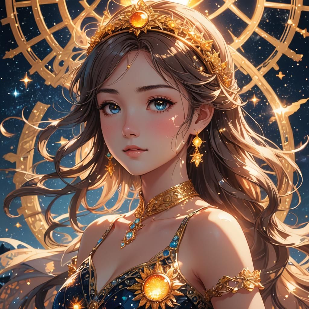 Princess in Sun Dress Against Dazzling Night Sky
