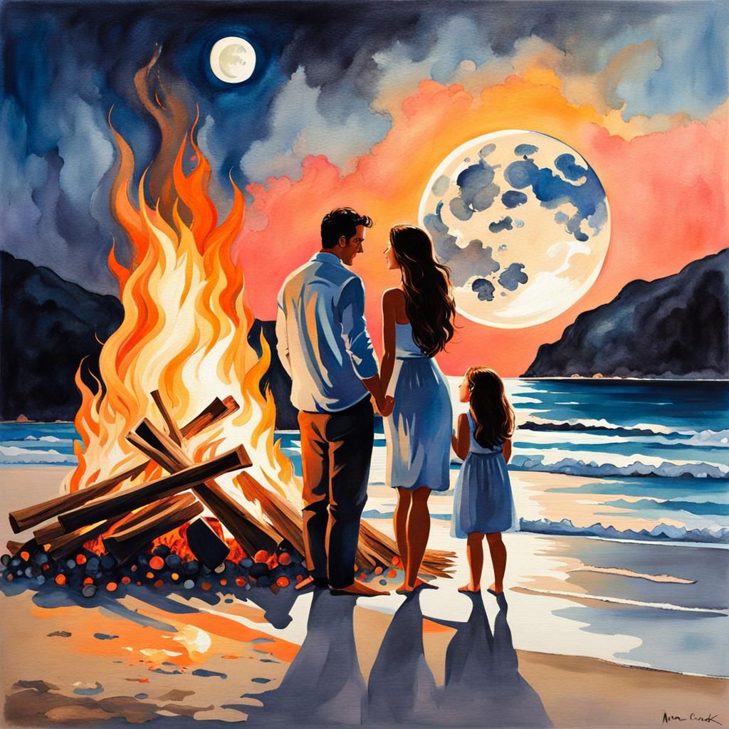 Family at a bonfire on a paradisiac beach in the tropics