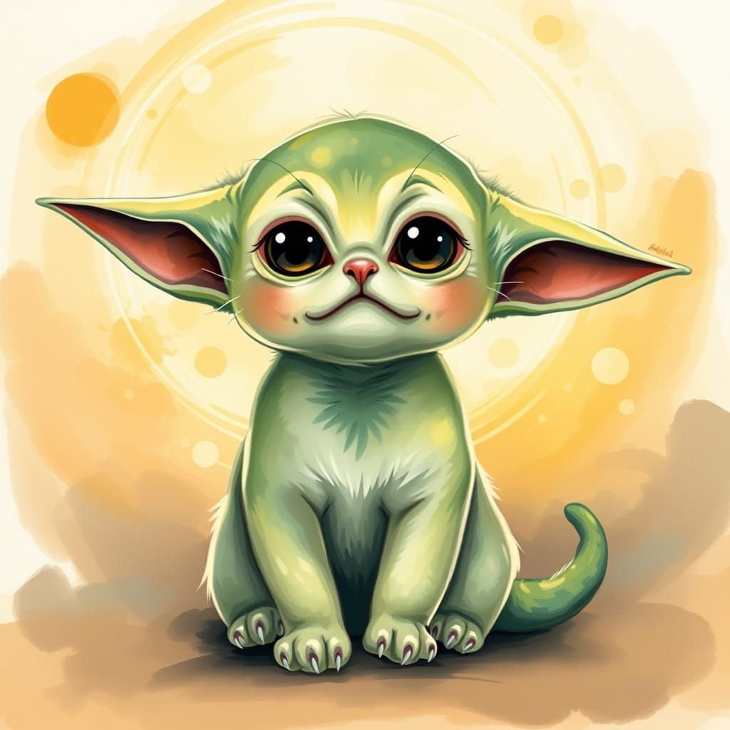 Whimsical Baby Yoda Kitten in Dreamy Watercolor Style