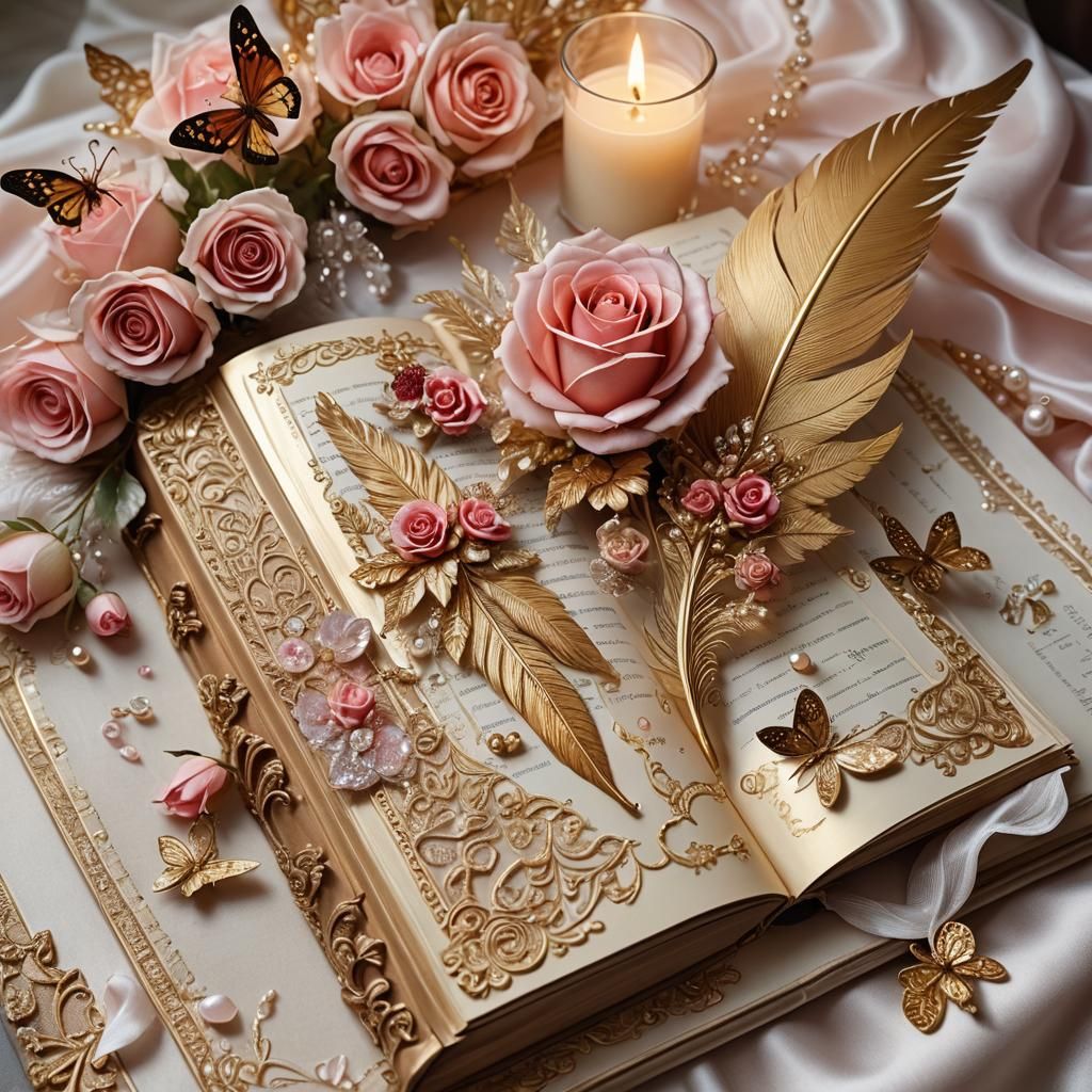 Golden Feather with Roses and Crystals in Surreal Style