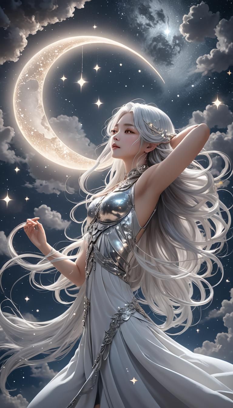 Silver-Haired Woman on Moon in Anime Style