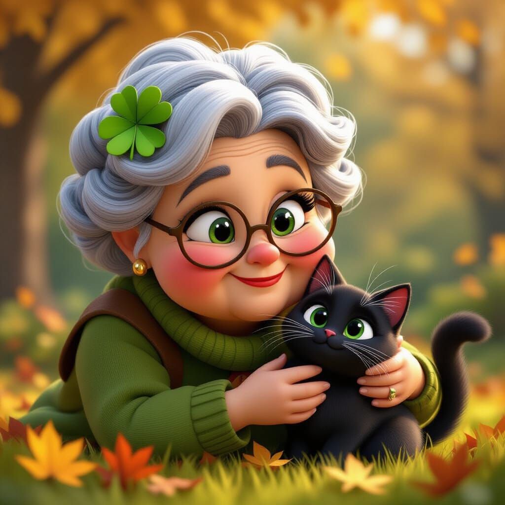 Grandma and Black Cat in Autumn Garden