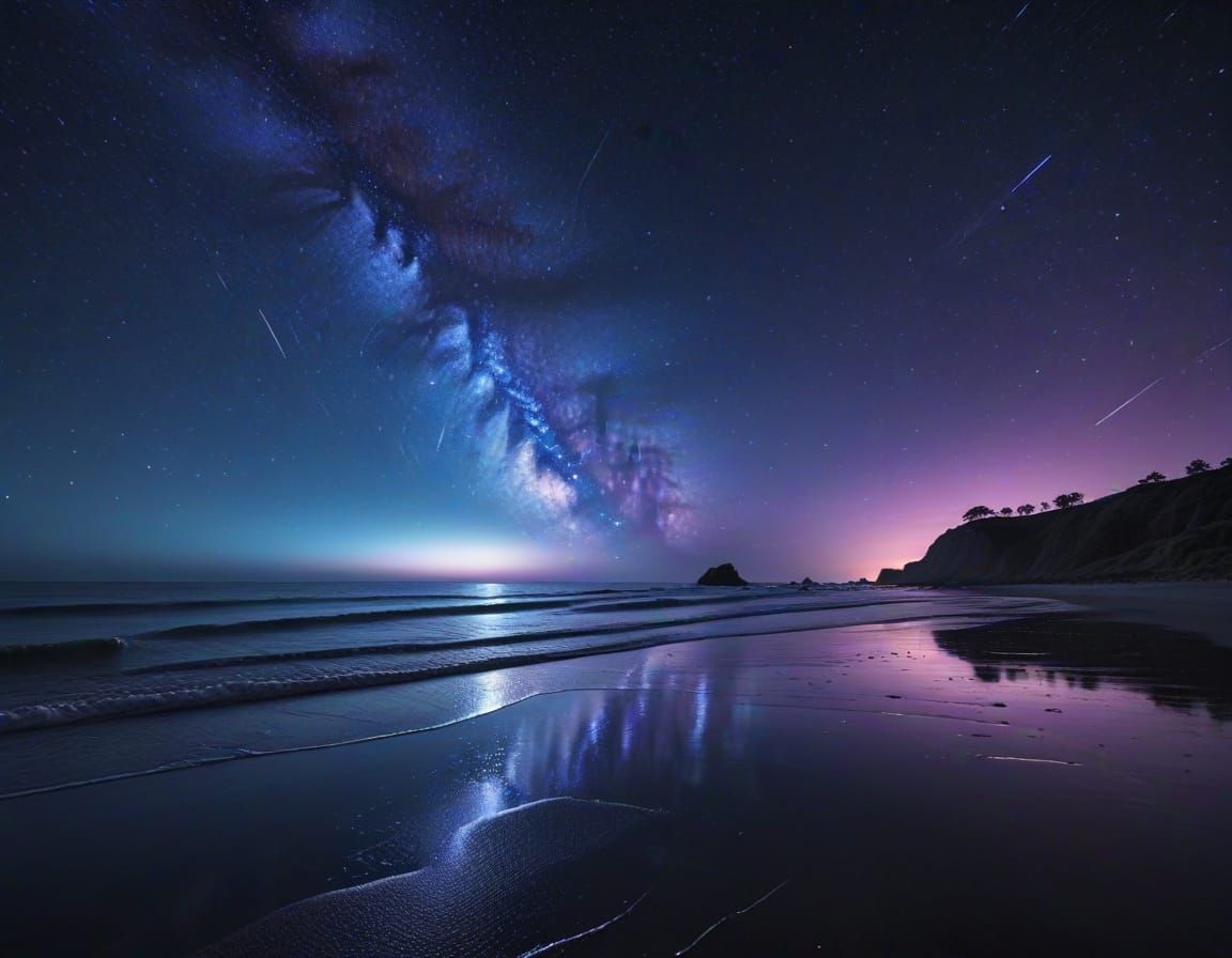 Streaking Stars Over Ocean Shoreline at Night