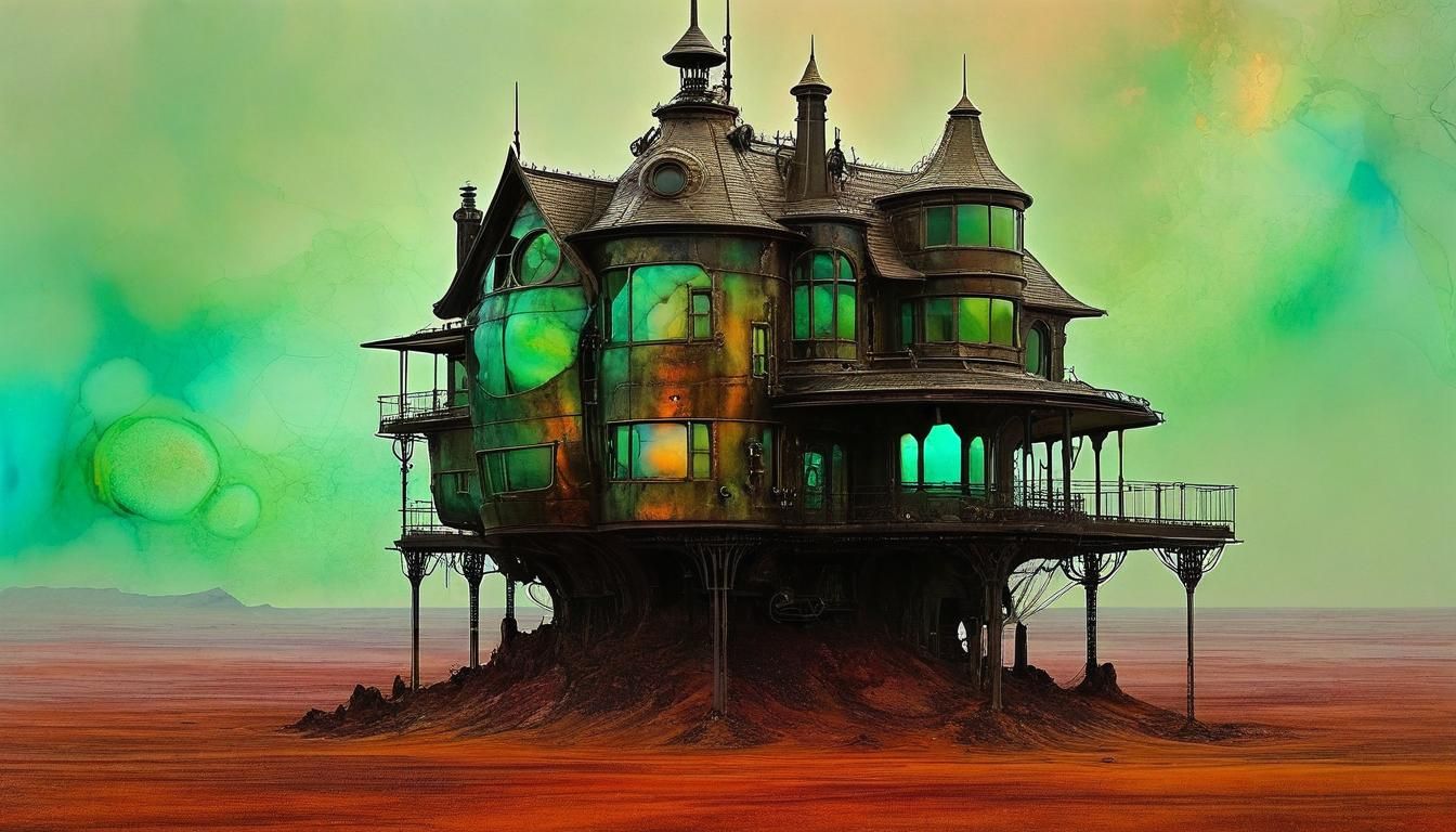 Steampunk Futuristic House in Alcohol Ink Style