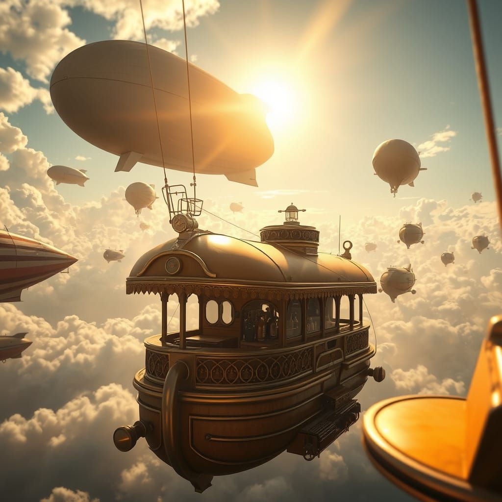 Vintage Fantasy Airship Bar in 1950s Style with Whimsical To...