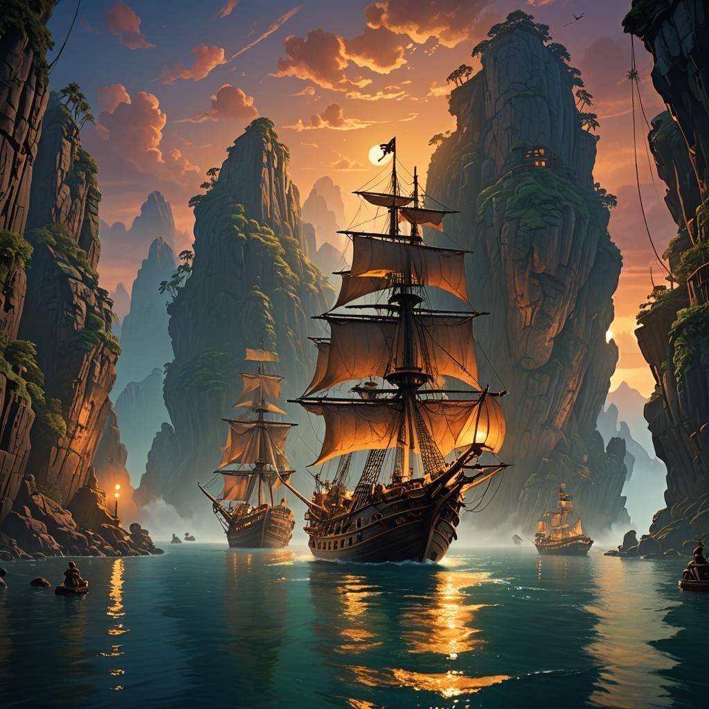 Pirates Sailing into the Sunset: Fantasy Concept Art