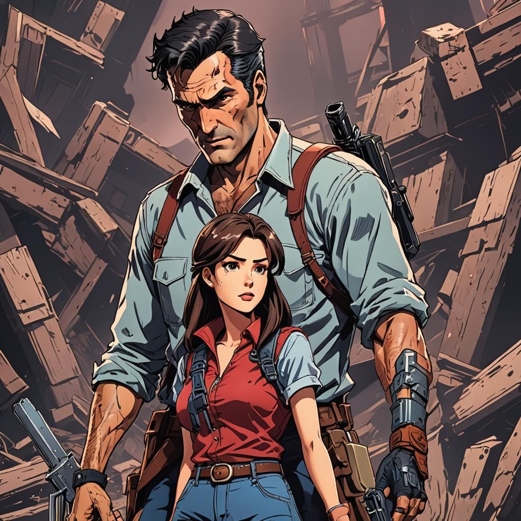 Ash Williams and Woman in Anime Style