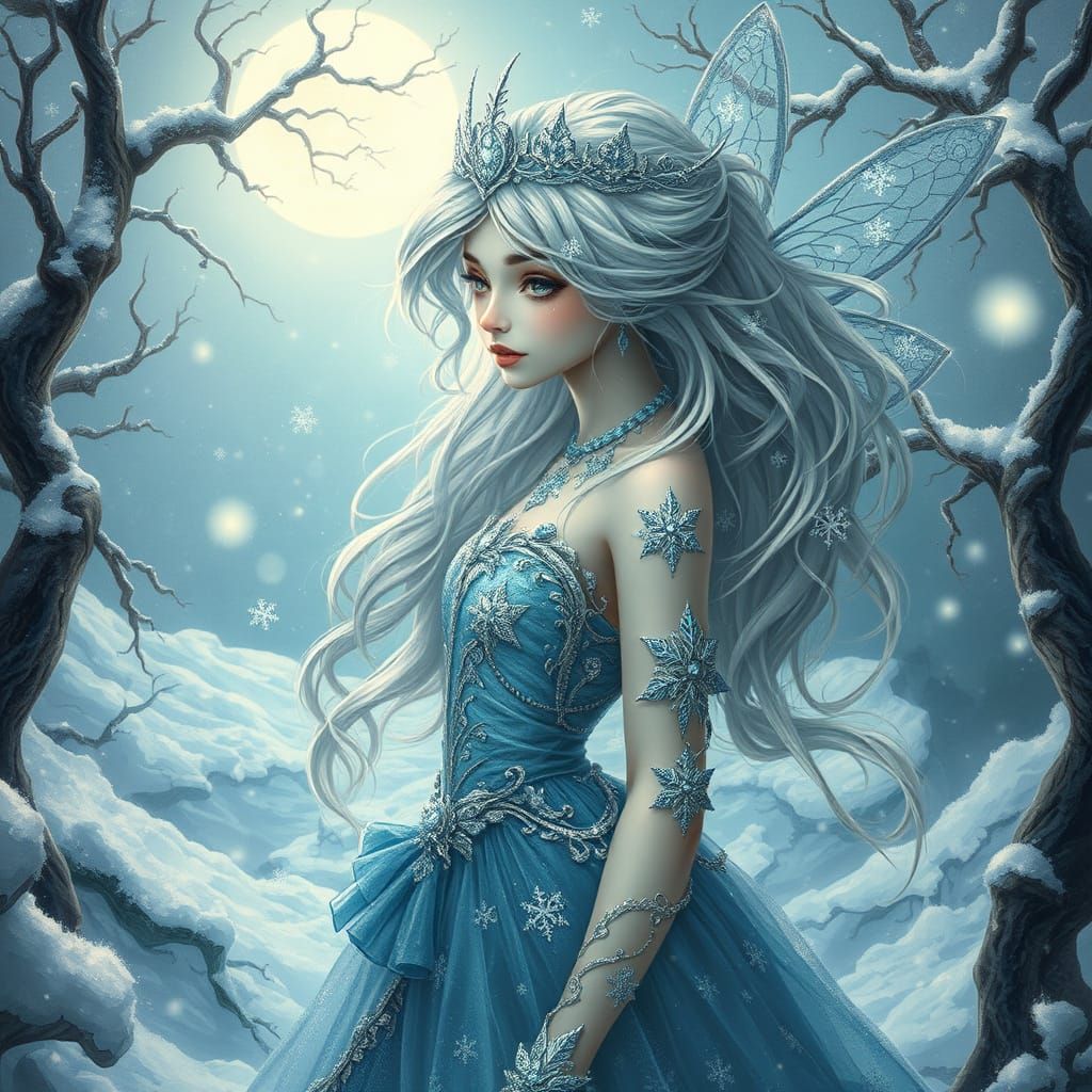 Ethereal Winter Fairy Princess in Whimsical Snowy Wonderland