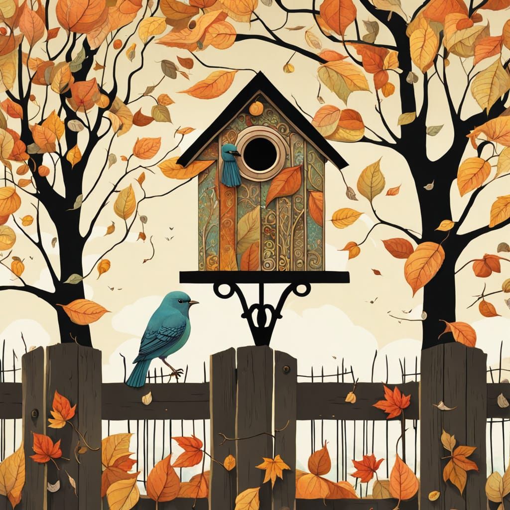 Autumn Birdhouse Illustration in Expressive Style
