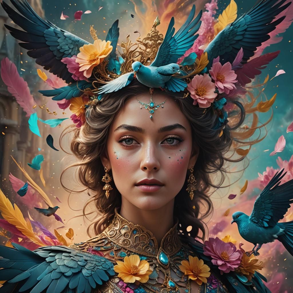 Regal Woman Transforms into Flying Pigeon
