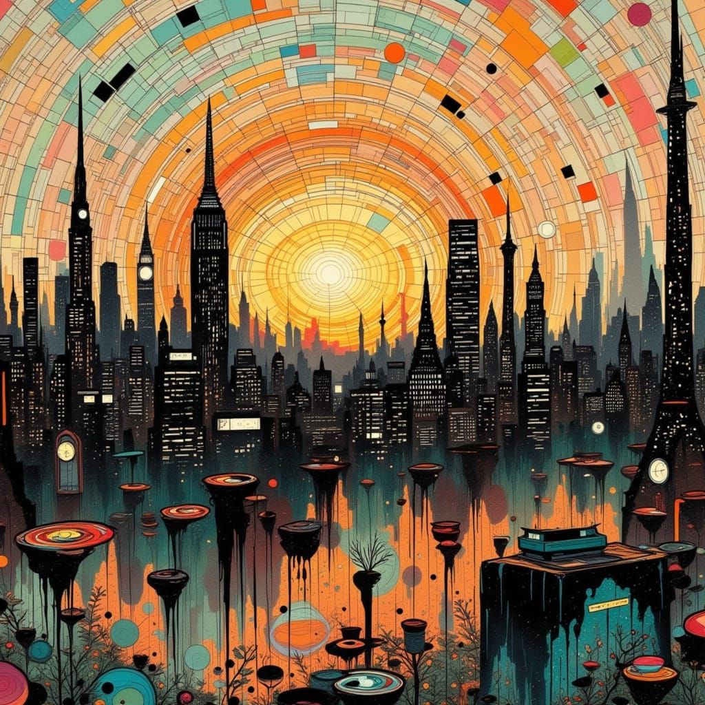 Kintsugi Mosaic Cityscape in Art Nouveau Style