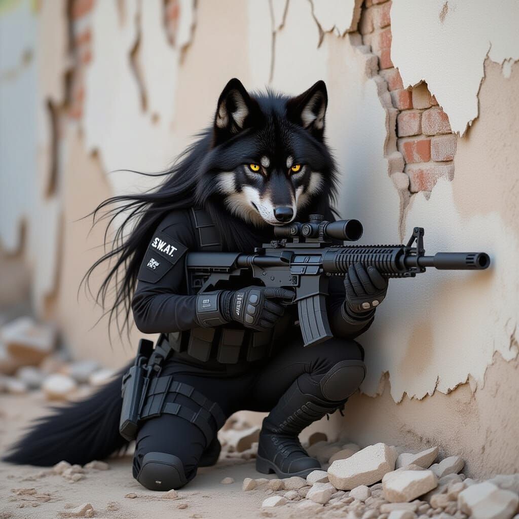 S.W.A.T. Wolf Operative Crouches with Sniper Rifle