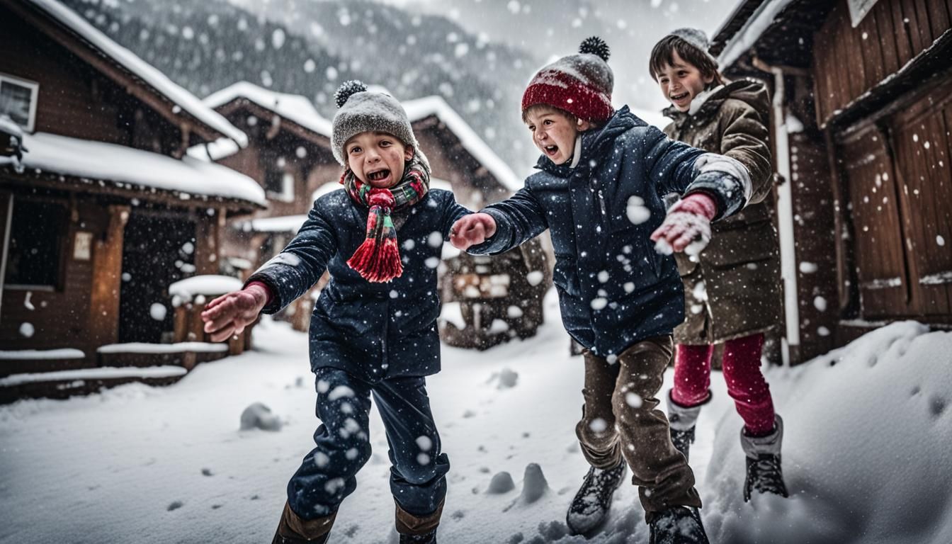 Children's Snowball Fight in Snowy Village