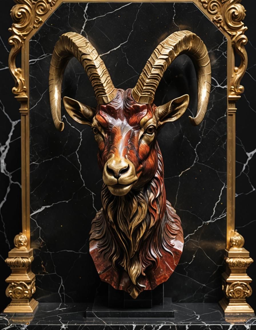Art Deco Marble Ibex Head with Gold Details