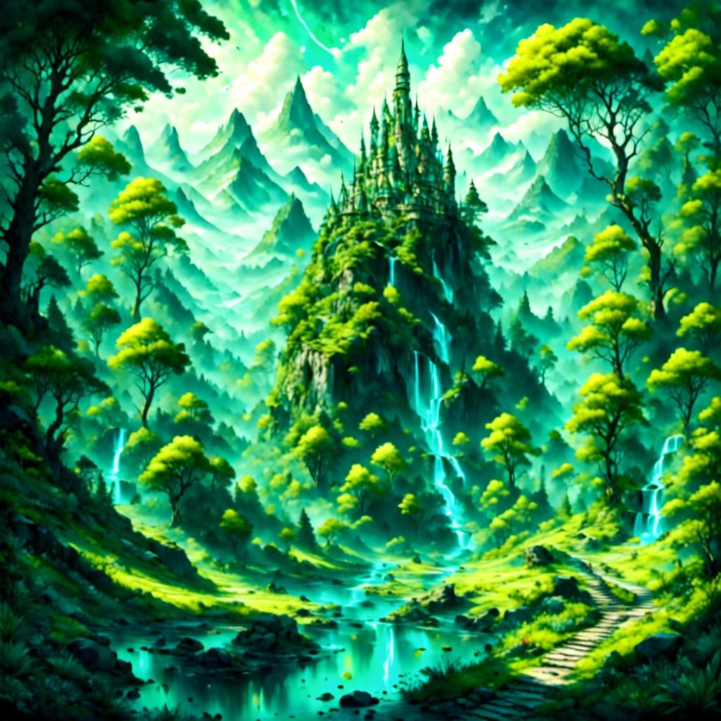 Crystal Castle in Green Forest, Holographic Illustration
