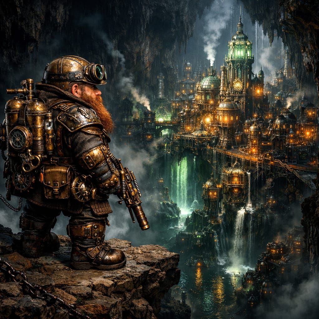 Steampunk Dwarf Explorer at Chasm Edge