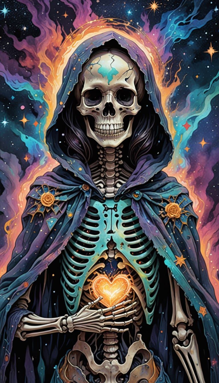 Cosmic Skeleton with Broken Heart: Surreal Illustration