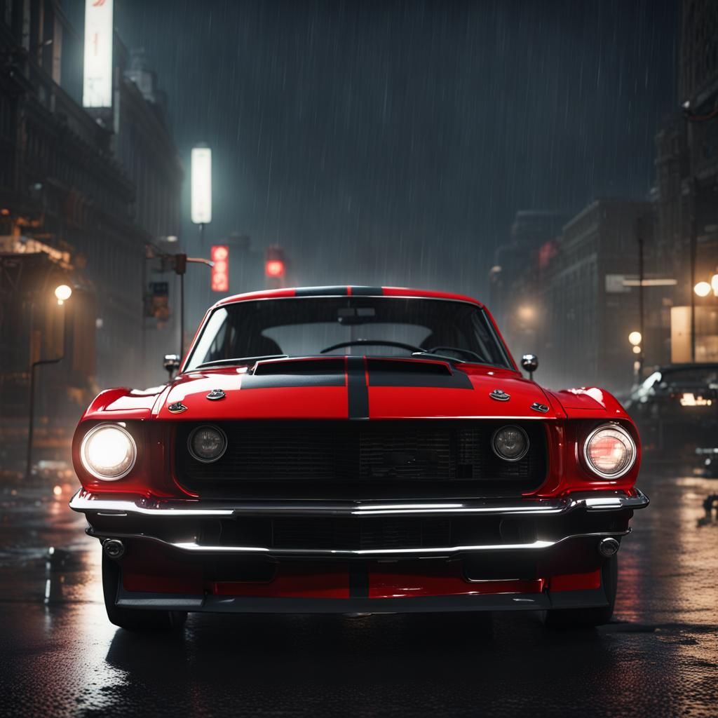 Shelby Mustang GT500 Code Red in Stormy City