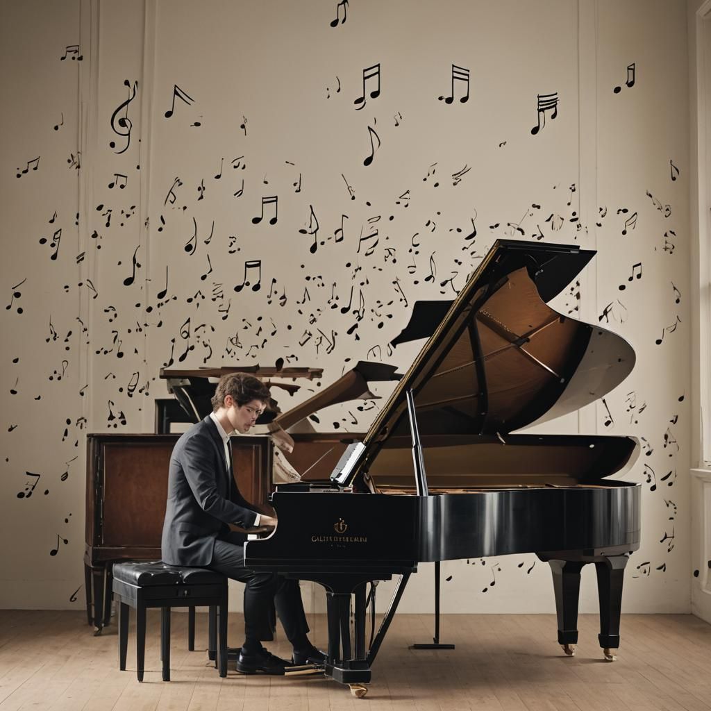 Young Man Plays Piano, Music Notes Float
